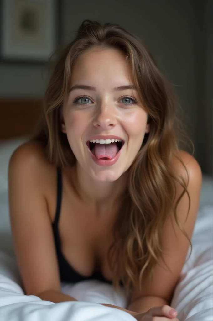 Generates a sexy woman lying on the bed in sexy underwear with her mouth open and sticking her tongue out and rolling her eyes