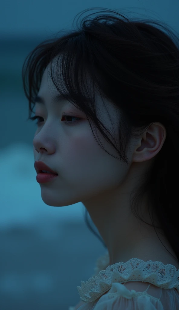 One beautiful girl,Highest quality,masterpiece,detailed,night,One beautiful girl,Shadows reflected on the water,The sound of rolling waves,In a place where time has been forgotten,Quietly close your eyes,Close up of face,Face forward