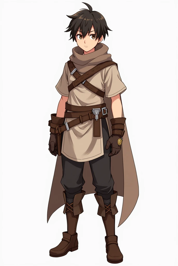 Claro! Aqui está o prompt que usei:

"A character design of an anime protagonist inspired by Haruhiro's style but with distinct features. The character should be a young male with a slim build, wearing adventurer's gear including a tunic, belt, and boots. His hair should be medium-length, slightly tousled, and dark brown. He should have expressive eyes, also brown, with a calm but determined expression. The outfit should include some rugged elements, like gloves or a cape, but avoid direct copies from Haruhiro's design. The background should be simple or transparent, focusing entirely on the character."