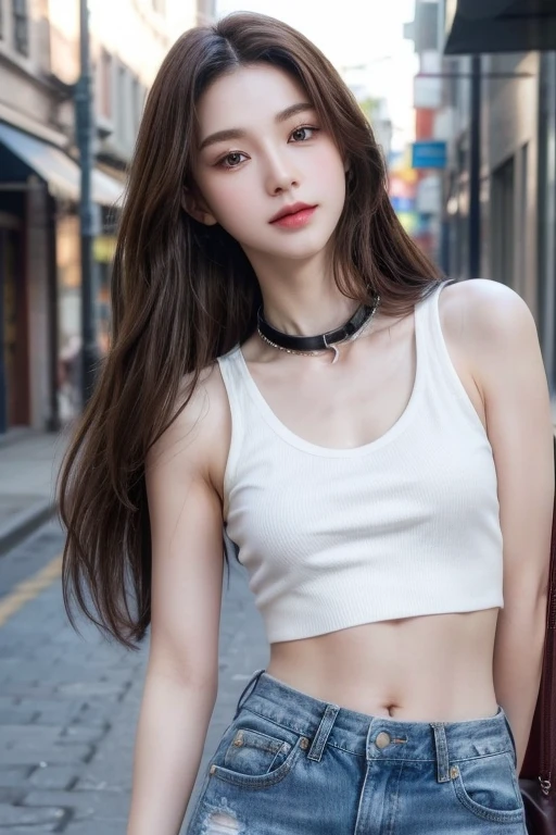 ((Medium bust, long hair, small head)), Daytime, sunlight, (clear belly: 1.1), (perfect body: 1.1), (short wavy hair: 1.2), reddish brown hair, shirt collar, chain, full body photo, Shabby roads, Wear a black tank top., jeans jacket, ((shorts)), (วอลล์เปเปอร์ CG 8k ที่very detailed), (Very delicate and beautiful), (Masterpiece), (best quality: 1.0), (Extra resolution: 1.0), beautiful light, perfect lightning, realistic shadows, [high resolution], Detailed skins, very detailed