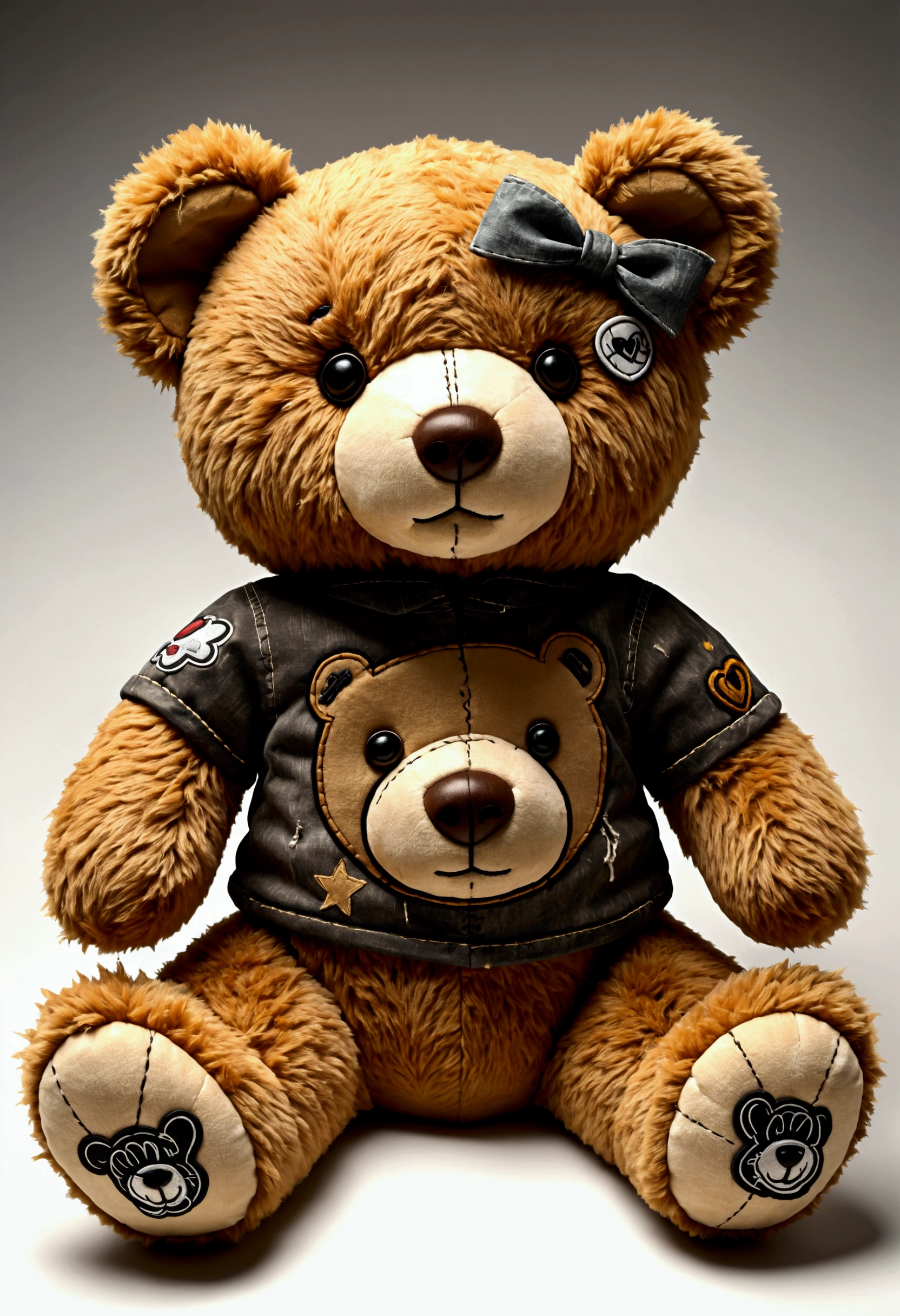 Create a bold flat 2d, graffiti-style with a distressed texture. The design plush-style teddy bear character with a soft, furry texture. The character should have a distressed, vintage look with patches and stitches, and feature a muted, sepia-toned color palette