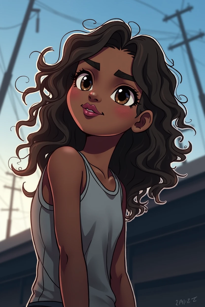 Make a character with curly hair, male, brown eyes, well-drawn and structured hands, full lips, relaxed style eyes, Black skin, wearing a white tank top, cyberpunk scenary, dark blue sky, WizardLM-2 8x22B style art, realism art, smooth art, smooth art