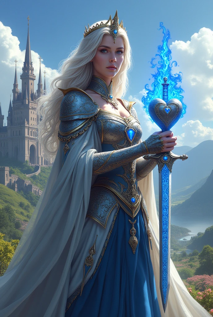 Imagine a majestic queen with blue eyes. It stands against the backdrop of a magnificent kingdom with a castle and towers., surrounded by green hills and blooming gardens. In one hand, the queen holds a sword with exquisite blue patterns., sparkling on the blade. And on her other hand she holds an iron heart., from which a blue flame emanates, symbolizing strength and courage.