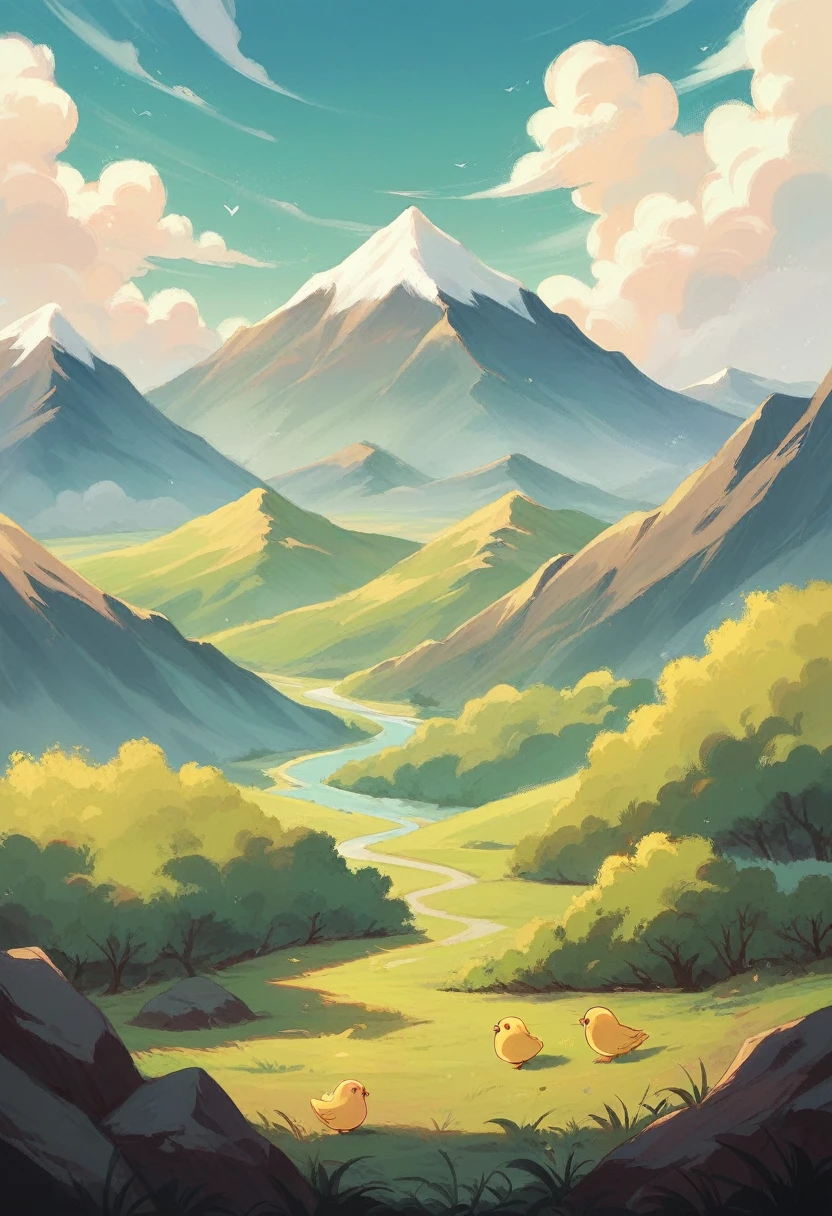 A chic anime that says cute letter (anime) art in a soft landscape with mountains a movie