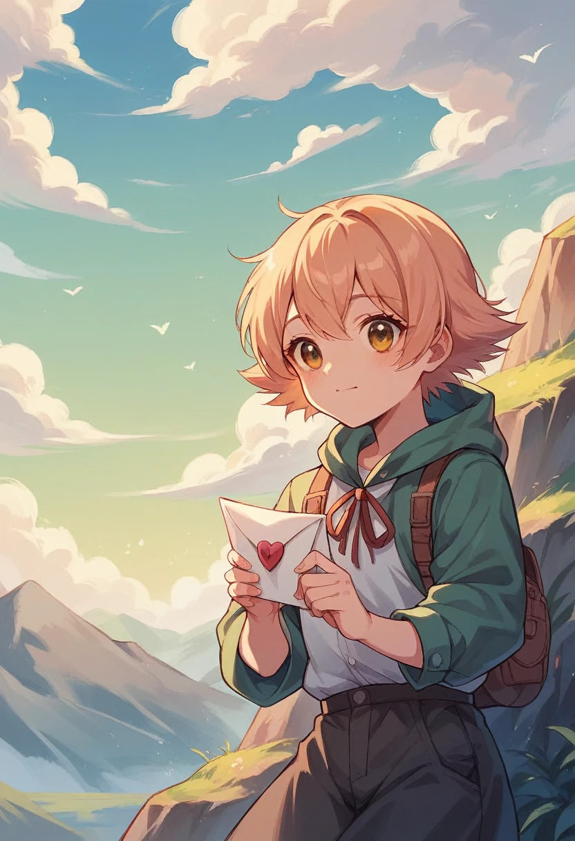 A chic anime that says cute letter  (anime)  art in a soft landscape with mountains a movie 