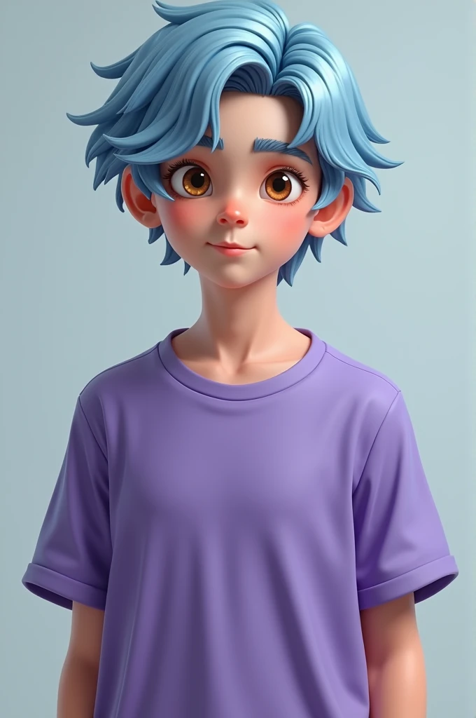 A 13 year old boy with light blue hair and brown eyes wearing purple t shirt