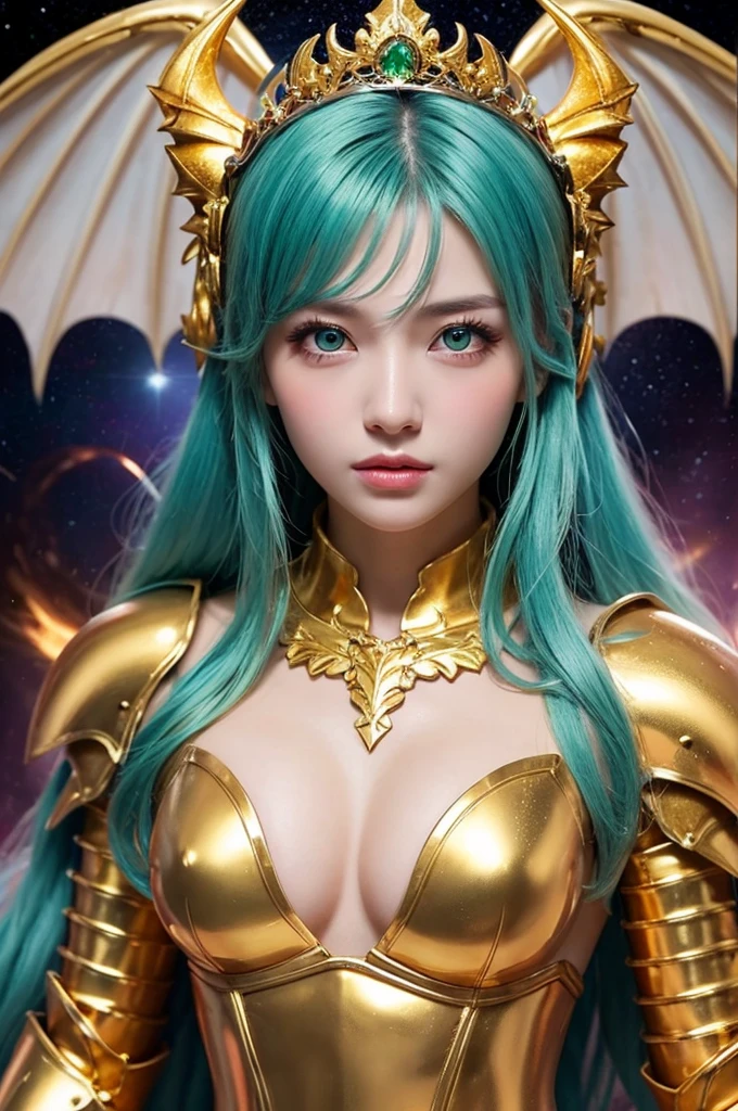 Ultra HD、Ultra-clear、Beautiful Face、Covered entirely in golden armor、Holy knight in golden armor、Mechanical Golden Wings、Golden Tiara、Golden armor covered in sculptures、Dragon-inspired armor、Heavy golden armor、Green Eyes、Silver Hair、Big Breasts、Beautiful bow、Outer space background、