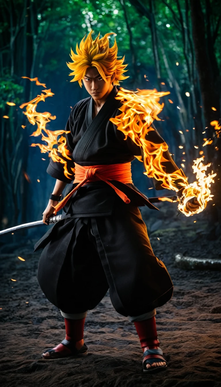 a dynamic and vivid portrayal of Rengoku Kyojuro, the Fire Hashira from "Demon Slayer." He should be depicted in the midst of an intense battle, his stance powerful and confident, embodying his unwavering spirit and commitment to protecting humanity. His haori, with its distinctive flame pattern, billows dramatically in the wind, as if alive with the fire he commands. His Nichirin Blade should be ablaze with flames, cutting through the air with fierce determination. Rengoku's expression should be one of fiery resolve, with his golden eyes shining brightly, reflecting his burning passion and indomitable will. Surround him with an environment that emphasizes his fiery nature—perhaps a backdrop of a burning forest or a scene of destruction where flames dance around him, creating a stark contrast between the warmth of the fire and the coldness of battle. The overall atmosphere should convey a sense of heroism, courage, and the relentless fight against darkness. The colors should be bold and vibrant, focusing on shades of red, orange, and gold to highlight the intensity of the flames and Rengoku's fiery aura.