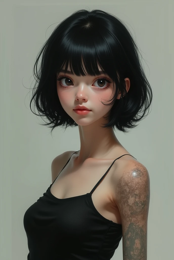 A shorty woman, with short black hair, without an arm.