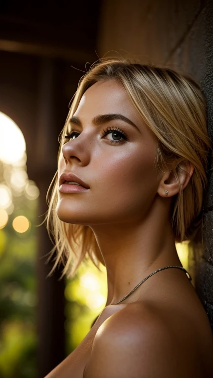 A realistic cinematic image of a blonde woman with big lips and big breasts,, Ela está em um ambiante urbano iluminação suave que destaca seu rosto e corAfter. His muscular arms and contoured abs are visible, enquanto ela Aftersa com confiança e glamour. (totalmente corAfter)"After,,,,,,,,,,,,,,,,,,,,,Photography by TJ Drysdale. Fontal shot, Low angle camera. Retrato de corAfter inteiro.