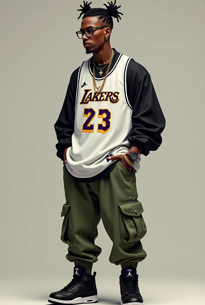 Create a black man with braids and a small beard wearing earrings and glasses with a necklace wearing a black shirt and a white Lakers basketball shirt with green cargo pants and a black Jordan 4 and a tattoo on his arm