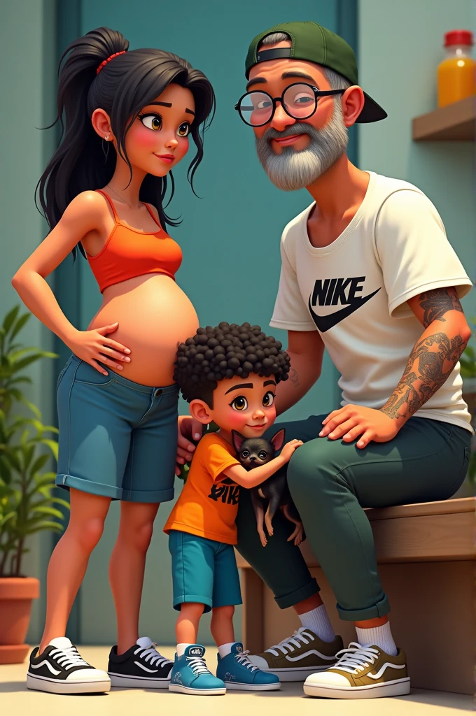 Black haired white skin small height pregnant girl with vans shoes, A 4 year old boy with short curly hair wearing Nike shoes hugging a black haired chihuahua dog, a white-skinned man with tattoos, beard and reading glasses wearing a Nike shirt and Nike cap