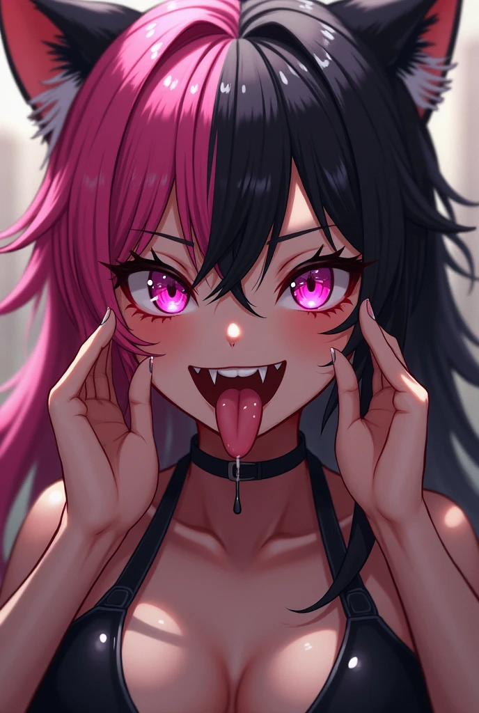 "Close-up of a feline anthro character with vibrant pink and black hair, sharp fangs exposed as her mouth is held open by two hands. The character has piercing pink eyes, a playful yet predatory expression, and is wearing a wet, form-fitting outfit that highlights her curves. Her tongue is extended slightly, slick with saliva, and her fur is damp, giving her a slightly wet and shiny appearance. The scene is detailed with emphasis on the texture of her fur and the glossiness of her wet skin. Background is blurred to focus on the character's face and expression."