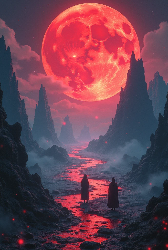 Flat world with magic around with a red moon in the background.