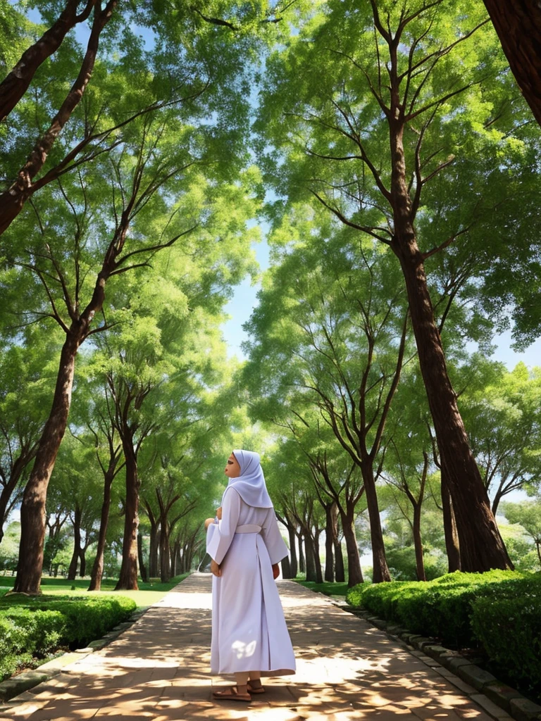 create a 4d caricature of a 30 year old Muslim woman wearing a robe, her face is very beautiful, an Indonesian woman, walking under the shady trees around the park enjoying the beautiful natural beauty, while raising both hands and praying with the words "MAKA NIKMAT TUHANMU YANG MANA LAHI YANG KAU DUSTAKAN" the lighting is not too hot but shady