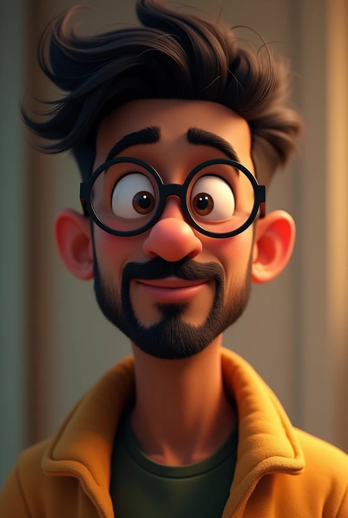 man with small beard with mustache and wears glasses with slightly black skin with slightly round face pixar version small nose