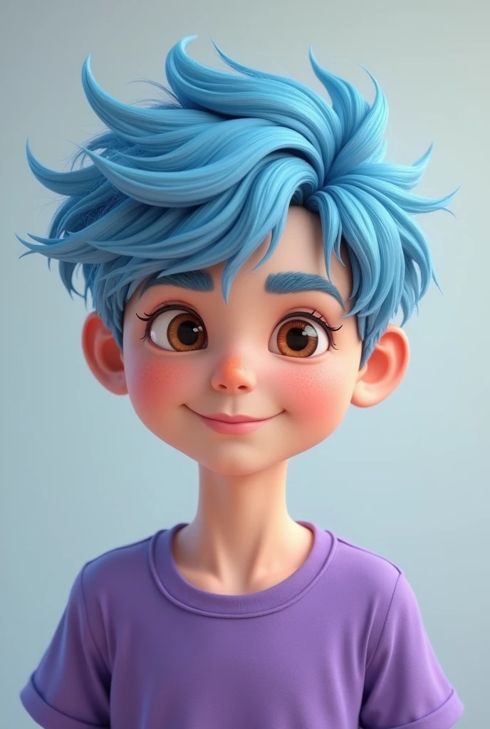 A boy with light blue hair and brown eyes wearing purple t shirt
