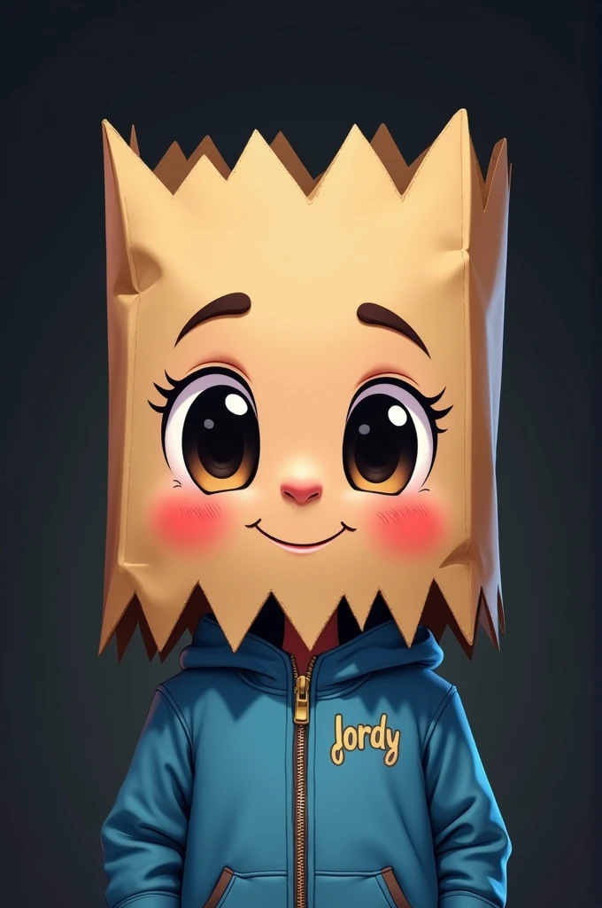 "I want an illustration of a character with a friendly, cartoonish drawing style. The character must have a paper bag on his head, with two large shiny black eyes that have white highlights, and rosy cheeks that give him an adorable and friendly expression. The bag should be slightly torn at the bottom, as if it had a jagged edge or a paper beard.The character must be dressed in a blue zippered jacket, and on the left side of the chest the word 'Jordy' should be written. The background of the image should be dark so that the character stands out., and the overall style should be youthful, friendly and with a touch of tenderness."