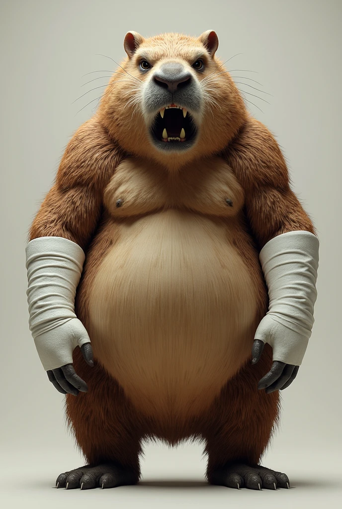 An angry humanoid capybara with both arms in plaster.