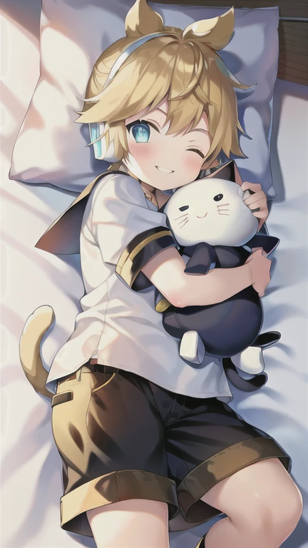 , cute Kagamine Len, (chubby), (plump), fat, ((over small sailor uniform)), chubby arm and thigh, loose shorts, earphones, tie, parted lips, lying on a bed, hugging a cat doll, smirk, eyes closed, full blushed
