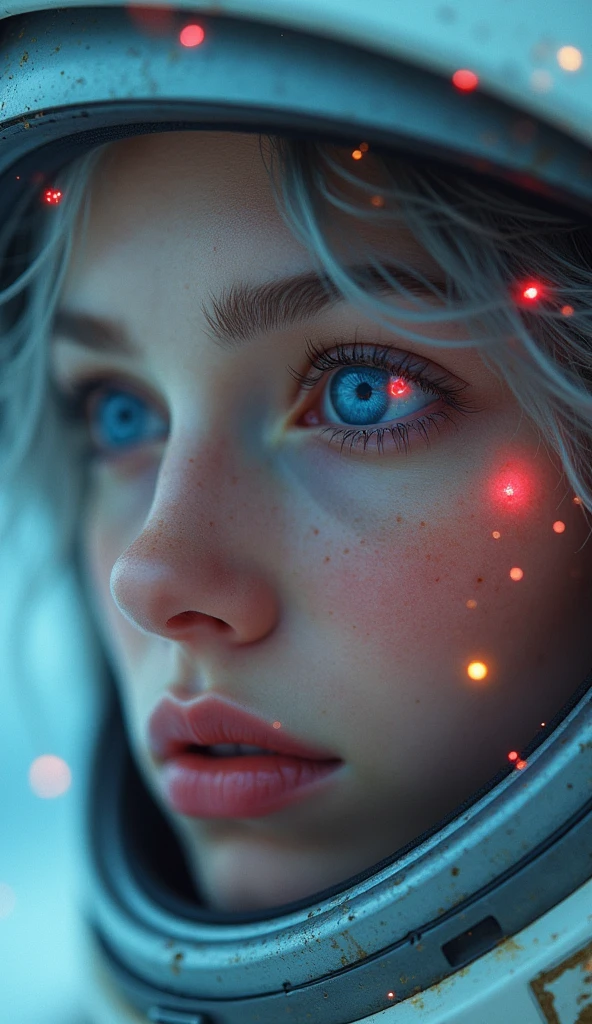 (Close-up of a better masterpiece:1.5)0.9], (Space and astronauts:1.2) (Messy silver hair:1.1) (Heterochromia xanthochromia and blue eyes:1.2) (Space Helmet:1.0) (Colored stars in the eyes:1.0) (A radiant glow:1.1) (thick lips:0.9)
