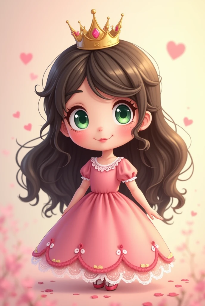 , princess, princess crown, pink, long hair, dark brown hair, green eyes, lace dress, pink dress, cartoon style, chibi style, funny style, pastel, soft art style