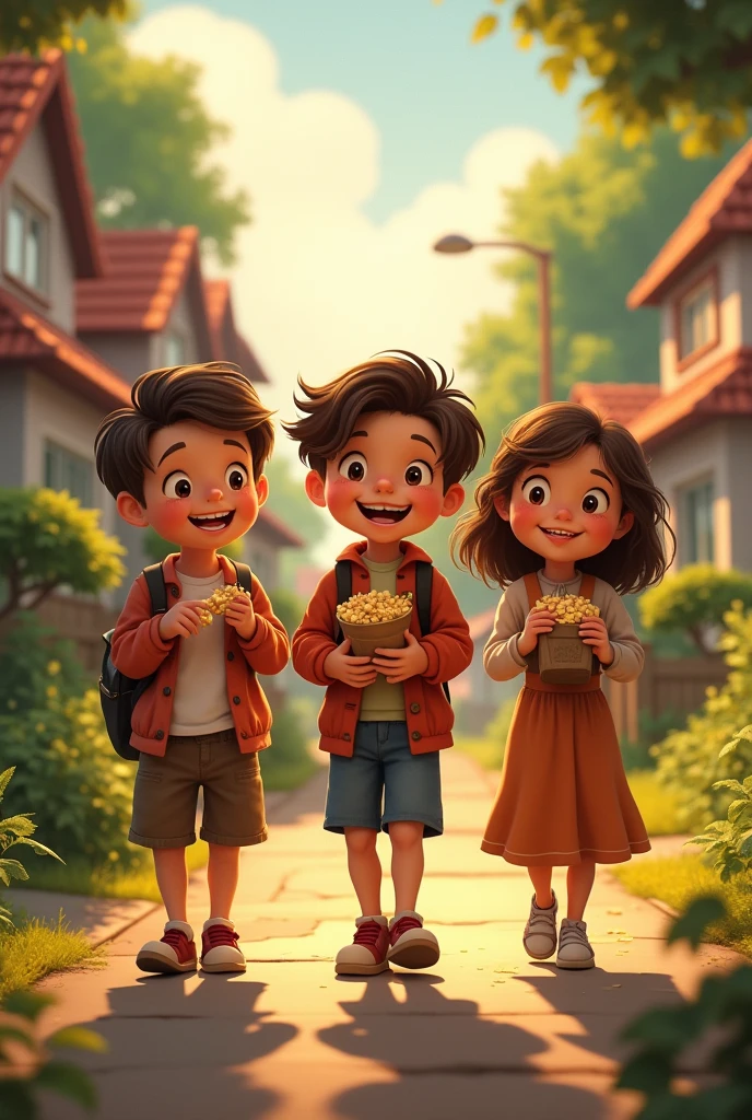 Children walk home together, smiling and chatting, with their treasures in hand, feeling joyful and inspired after the treasure hunt."Disney style cinema