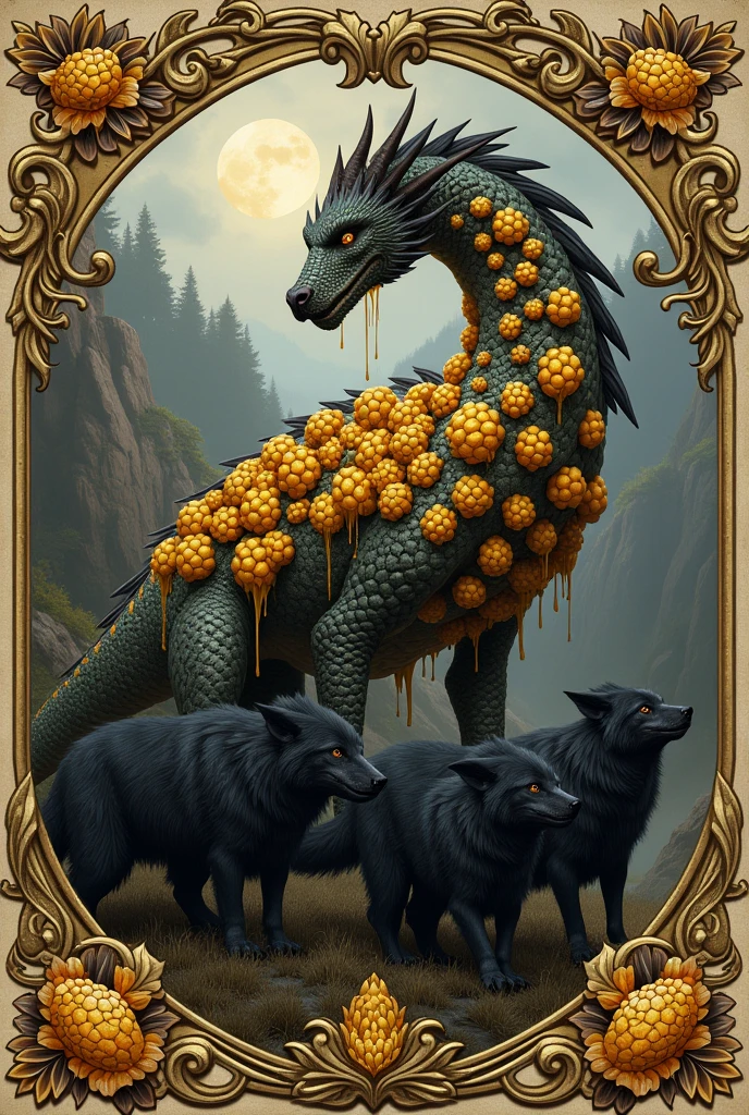 A dragon that has beehives in its skin and honey dripping off of it, beside the horse there will be black dire wolves, the art must be in Victorian era paintings, make this a logo.