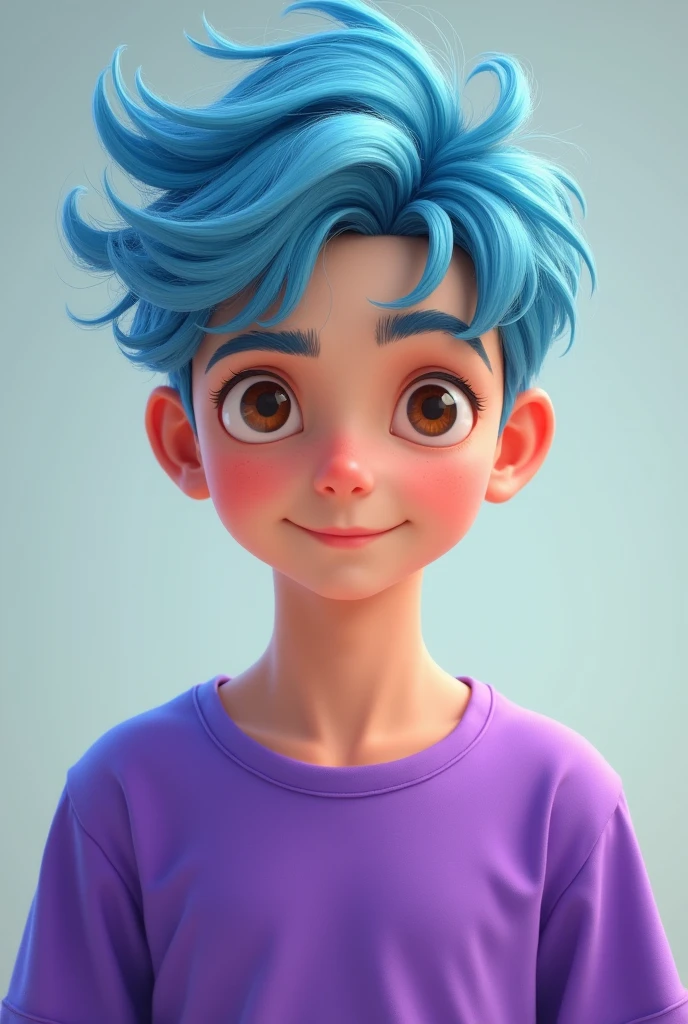 A 13 year old boy with dyed light blue hair and brown eyes wearing purple t shirt