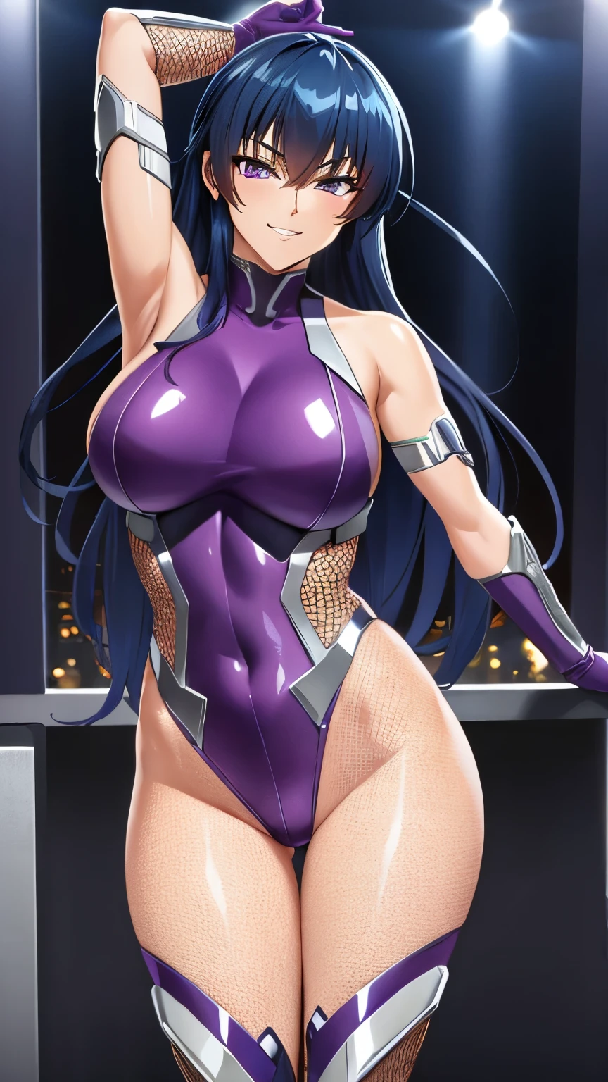 (masterpiece, best quality, high resolution, 8k:1.2), (anime), Asagi, (beautifully detailed eyes:1.2), highly detailed face, Long Hair,Blue Hair, Hair between the eyes,Thin, Side Lock, Purple eyes, Glamour, Adult woman, sexy female body, large medium breasts, View your viewers,(purple bodysuit, bare shoulders, elbow gloves, fishnets, high heel boots), muscle, Intricate details, Cinema Lighting, One girl, Cowboy shot, Dynamic pose, smirk