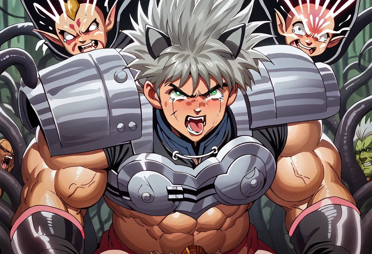 Toei animation style,(((Huge muscles))),Face the enemy,High definitionな顔,Hünkel,Handsome,good looking,((Huge penis,Anal Sex)),Crying face,Silver Hair,,8k,High definition,Masterpiece,Detailed Description,Spike Hair,8 heads,tall,Under eye paint,Trembling,muscles like the hulk,countless black tentacles,Sticking out tongue,Lean back,Spider Suit,Shaking his penis and scattering sperm,rape,Devilish wings,Cat ear,armor,,Open your mouth wide,Unfocused eyes,A single black tear