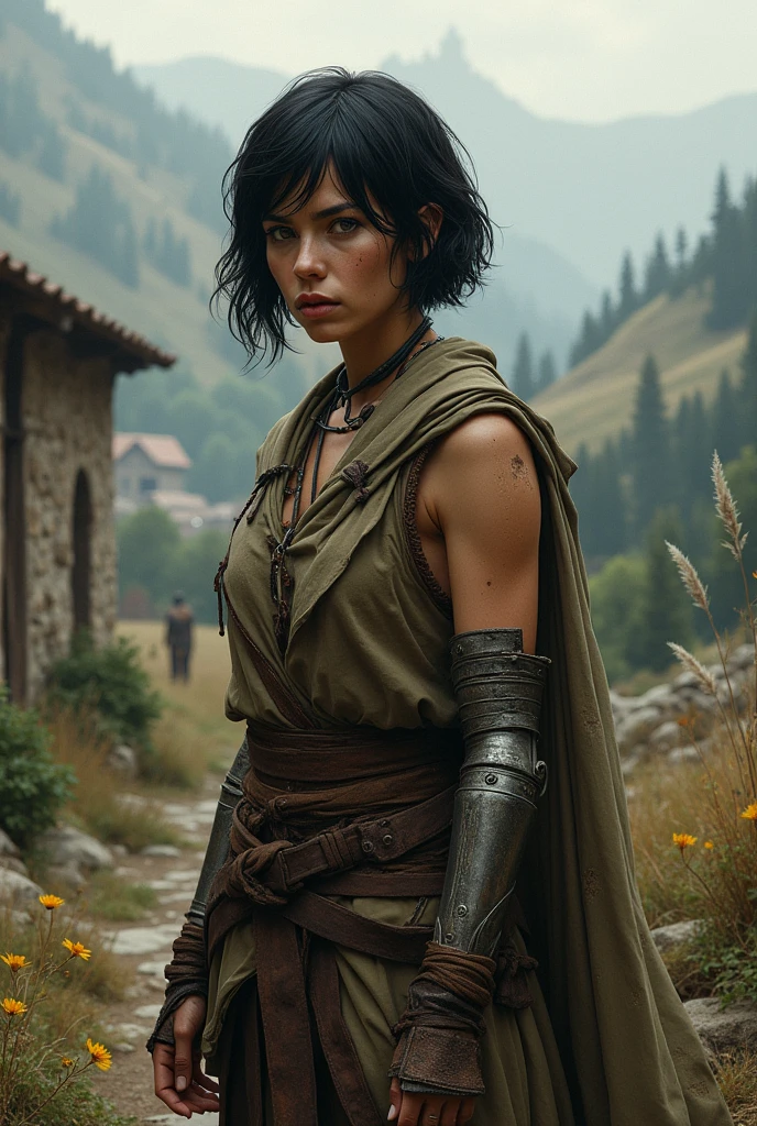 A shorty woman, with short black hair, without an arm. Medieval style.