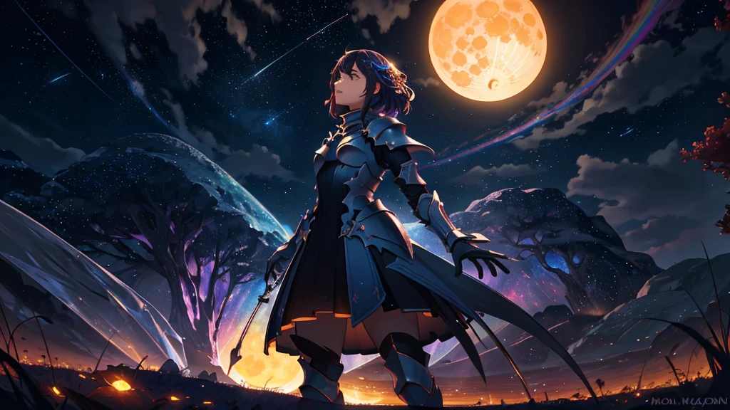 Vast landscape photos, (View from below, Above is the sky，Below is the field), Female knight standing in the flower field and looking up, (Full Moon: 1.2), (meteor: 0.9), (nebula: 1.3), Distant Mountains , Tree Destruction Craft Art, (warm light: 1.2), (firefly: 1.2), lamp, Lots of purple and orange, Intricate details, Volumetric Lighting, RealismBREAK (masterpiece: 1.2), (best quality), 4K, Extremely detailed, (Dynamic Synthesis: 1.4), Very detailed, Colorful Detailed, (Rainbow Colors: 1.2), (Glow illumination, Atmospheric lighting), Dreamy, magic, (Solitary: 1.2)