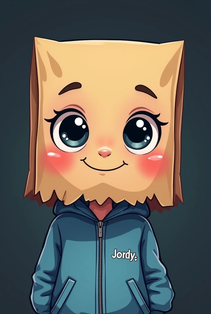 "I want an illustration of a character with a friendly, cartoonish drawing style. The character must have a paper bag on his head, with two large shiny black eyes that have white highlights, and rosy cheeks that give him an adorable and friendly expression. The bag should be slightly torn at the bottom, as if it had a jagged edge or a paper beard.The character must be dressed in a blue zippered jacket, and on the left side of the chest the word 'Jordy' should be written. The background of the image should be dark so that the character stands out., and the overall style should be youthful, friendly and with a touch of tenderness."