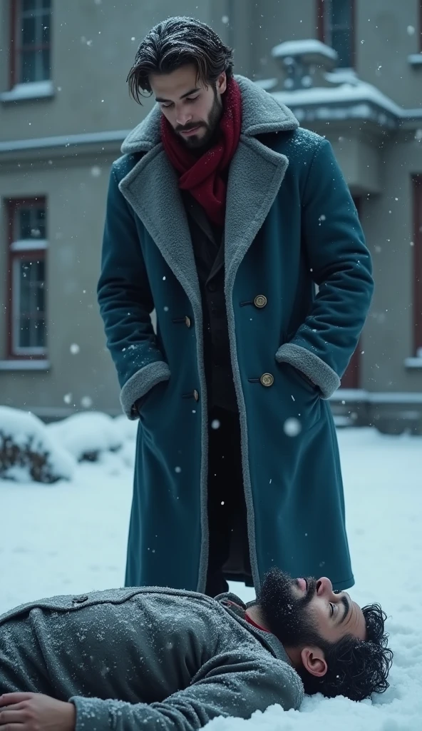 a 21-year-old young rich man with a small beard and big mustache wearing a very lush bluish pent coat and a red muffler, standing outside the mansion boundary, looking down sorrowfully at the lifeless body of the poor old man with black oil marks on his dirty face and unmaintained beard, hair and nails are very dirty wearing a torn plain single grey shirt that barely covers his body, lying in the snow, scene is dark and somber with continued heavy snowfall.