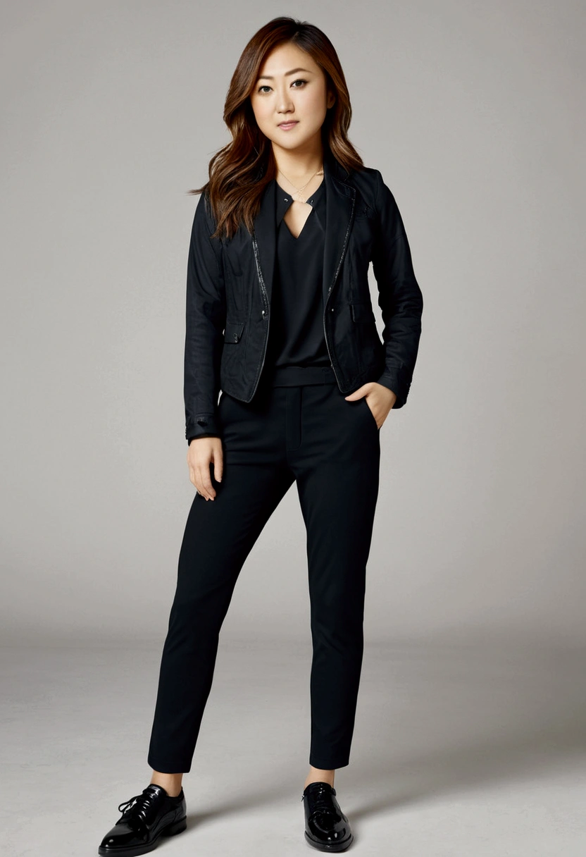 ((masterpiece)) ((Best Quality)) ((Better resolution)) ((Karen Fukuhara)) ((with black jacket, Black pants, and black shoes))