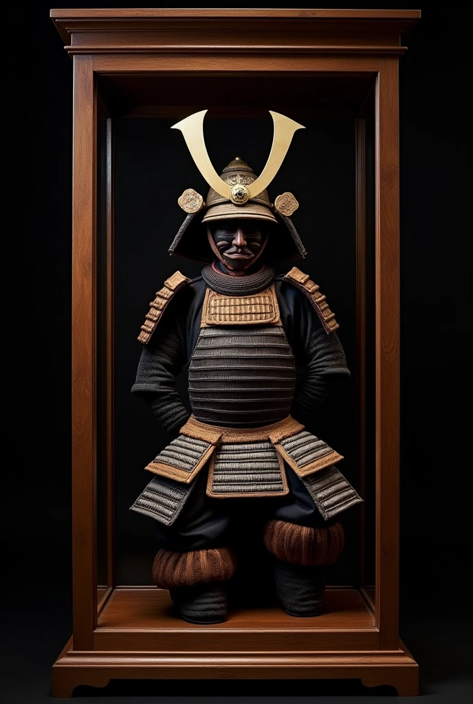 samurai armor inside a wooden cabinet with a black background