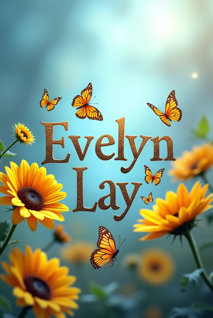 Create the name "Evelyn Lay" with butterflies and sunflowers, with the background blurred with blue and light blue colors