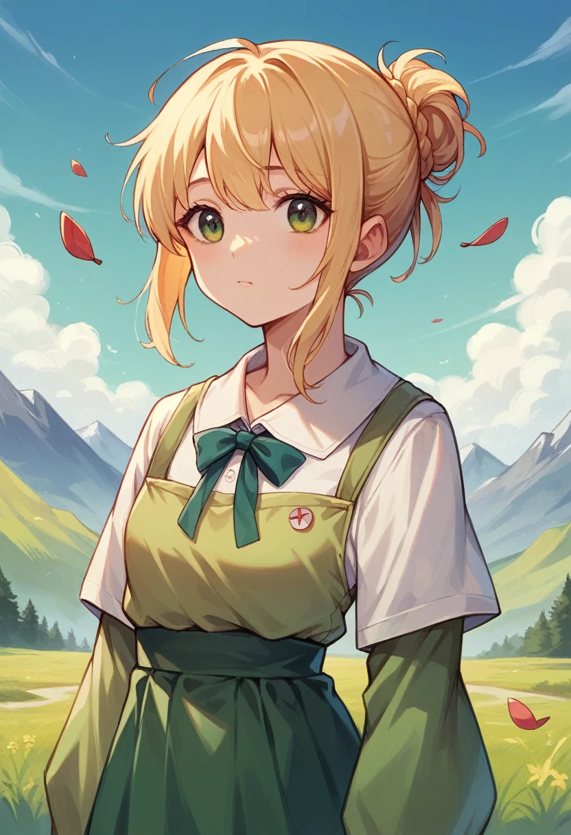 A chic anime that says cute letter (anime) art in a soft landscape with mountains a movie ( realistic bright colors) (beautiful work of art )