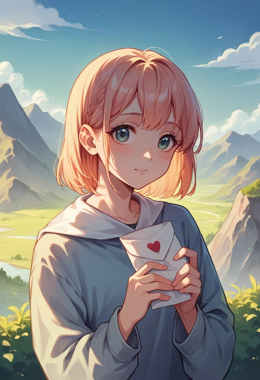 A chic anime that says cute letter  (anime)  art in a soft landscape with mountains a movie ( realistic bright colors)  (beautiful work of art ) 
