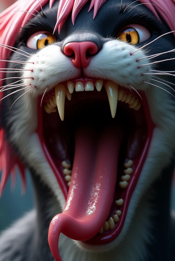 Extreme close-up of a feline anthro character's open mouth, showcasing sharp fangs, a long, slick tongue, and detailed strands of saliva connecting the upper and lower teeth. The focus is on the deep, dark throat, slightly illuminated, with wet textures on the tongue and the insides of the mouth. The character has a mix of pink and black hair framing her face, and her fur is damp, giving it a shiny, wet appearance. Her eyes are intense and slightly visible at the top of the frame, but the main focus remains on the detailed, moist interior of her mouth and the inviting depth of her throat