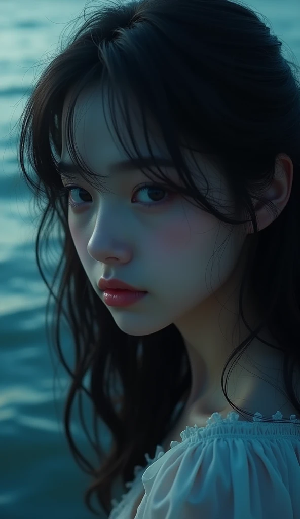 One beautiful girl,Highest quality,masterpiece,detailed,night,One beautiful girl,Shadows reflected on the water,The sound of rolling waves,In a place where time has been forgotten,Quietly close your eyes,Close up of face,Face forward