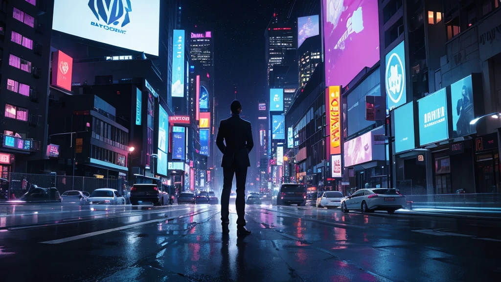 Imagine a futuristic city at night, with tall skyscrapers and neon lights glowing in shades of blue and purple, reflecting on the rain-soaked streets. Flying cars pass between buildings, as drones patrol the sky. En el centro de la imagen, a group of shadowy figures dressed in stylish, modern suits, all with serious expressions, are in an alley lit only by the dim lights of digital billboards. The scene is tense, with suitcases of cash and advanced weapons being exchanged. Ao fundo, you can see the logo of a powerful corporation, hinting at the presence of the mafia in every aspect of the city.