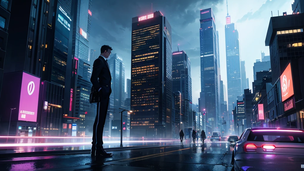 Imagine a futuristic city at night, with tall skyscrapers and neon lights glowing in shades of blue and purple, reflecting on the rain-soaked streets. Flying cars pass between buildings, as drones patrol the sky. En el centro de la imagen, a group of shadowy figures dressed in stylish, modern suits, all with serious expressions, are in an alley lit only by the dim lights of digital billboards. The scene is tense, with suitcases of cash and advanced weapons being exchanged. Ao fundo, you can see the logo of a powerful corporation, hinting at the presence of the mafia in every aspect of the city.