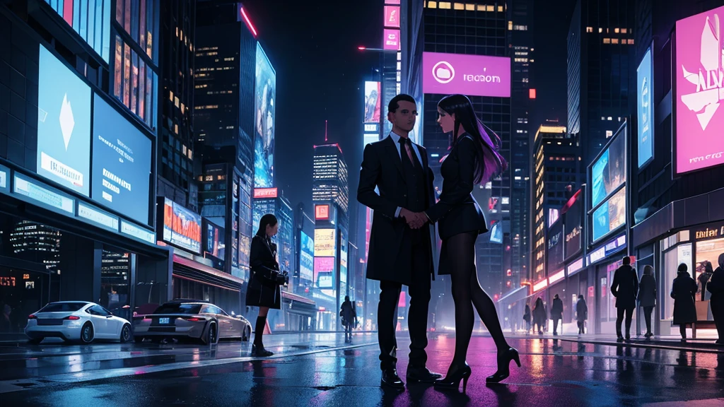 Imagine a futuristic city at night, with tall skyscrapers and neon lights glowing in shades of blue and purple, reflecting on the rain-soaked streets. Flying cars pass between buildings, as drones patrol the sky. En el centro de la imagen, a group of shadowy figures dressed in stylish, modern suits, all with serious expressions, are in an alley lit only by the dim lights of digital billboards. The scene is tense, with suitcases of cash and advanced weapons being exchanged. Ao fundo, you can see the logo of a powerful corporation, hinting at the presence of the mafia in every aspect of the city.