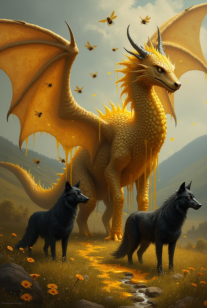 A dragon that honey dripping off of it, and bees flying around it, beside the horse there will be black dire wolves, the art must be in Victorian era paintings, make this a logo.