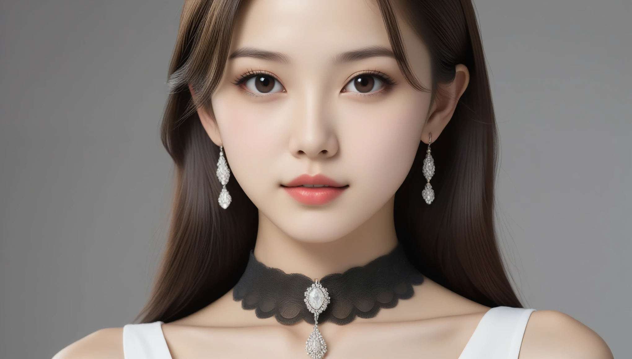 8k, Ultra-high resolution, Highest quality, masterpiece, 三分割法によるphotograph,Surreal, photograph, 1 Girl, (16 years old:1.3), pretty girl, Cute Face, 細部までBeautiful Eyes, 細かくdetailedに,masterpiece,One Girl:1.2,Japanese female announcer,close up,light smile,Black Hair,Feathered hair,Super Beautiful Girl 4,((1 girl:1.4)),Shine, Natural skin texture、(Stylish clothes:1.4),(The finest ceremonial attire),Attractive girl、16 years old、(Perfect female body:1.4)、(女の子のポートレートphotograph:1.4)、(Photorealistic images:1.4),Fantasy art,(Beautiful Face:1.4)、Beautiful breasts,Beautiful and attractive eyes、Beautiful Eyes、(Tight waist:1.4)、(9 Beautiful girls with perfect body proportions:1.4),Red lips,(choker:1.4、necklace:1.4、Earrings:1.4),Looking at the audience,(((Ideal body type))),A-cup small breasts :2,、Portraiture:2、Perfect Anatomy、鮮明なdetailed、detailed,Fashion magazine cover,Thin lips,Gray background ,完璧でBeautiful Face ,完璧でCute Face, Skin with attention to detail, Perfect limbs、Narrow waist,Looking at the audience,(((Ideal body type))),A cup small breasts :2,Portraiture:2,Perfect Anatomy,鮮明なdetailed,detailed,Surreal,Light and shadow,spotlight