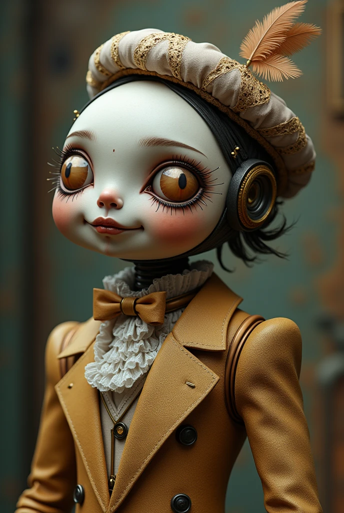 Humanoid monster with a stylish, circus-themed appearance. Its main body is a huge wooden mechanical doll., dressed in a Victorian suit with lace and ruffle details, all in cream tones, golden and brown. Its head is small in proportion to the body, with a beret hat with a feather. His face is like a porcelain doll, with fine features and a smile that borders on disturbing psychedelic surrealism