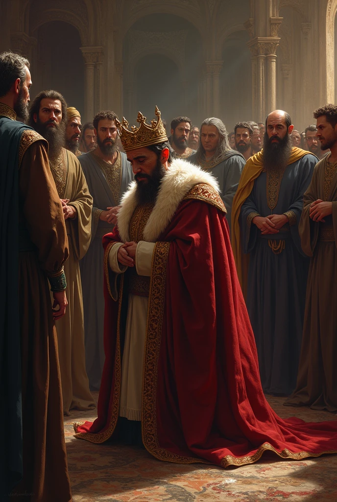 The king bowed down in front of his subjects and wept