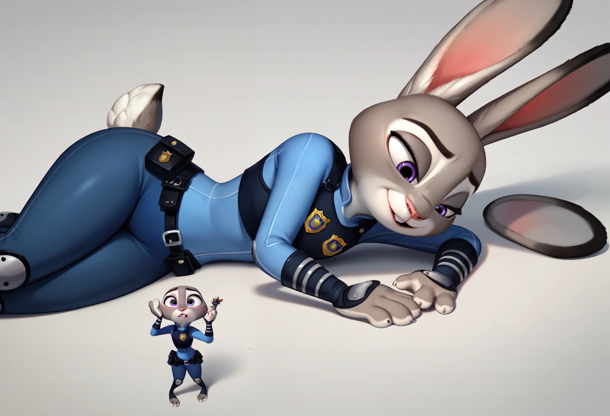 DUO, By disney pixar, 3d, duo, by qupostuv35, ((Macro judy hopps, lying down)), ((female)), zootopia, ((Police uniform)), thigh crushing, (break, size difference (micro bunny between Judy's thighs)), judy's thighs